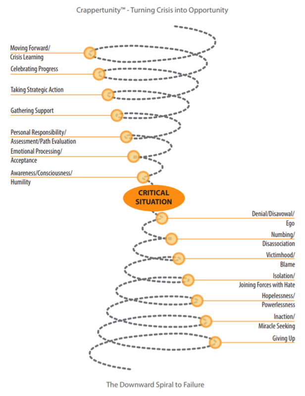 Diane Dye's 2017 Crappertunity teaching model: a critical situation at the center, an upward spiral of growth rising above it — awareness, emotional processing, personal responsibility, gathering support, taking strategic action, celebrating progress, and moving forward — and the downward spiral to failure below it — denial, numbing, blame, isolation, hopelessness, inaction, and giving up.